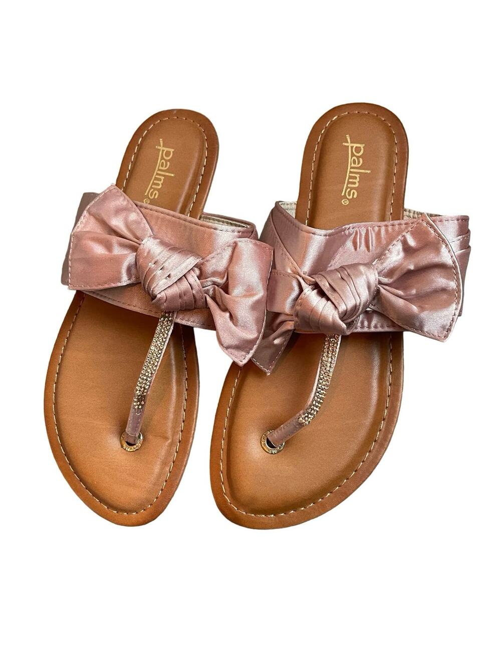 Palms Memory Foam Light Pink Satin Bow Rose Gold Rhinestone Flip Flops 8M
